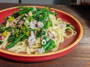 zensockskitchen〜菜の花と豚ミンチのペペロンチーノ〜